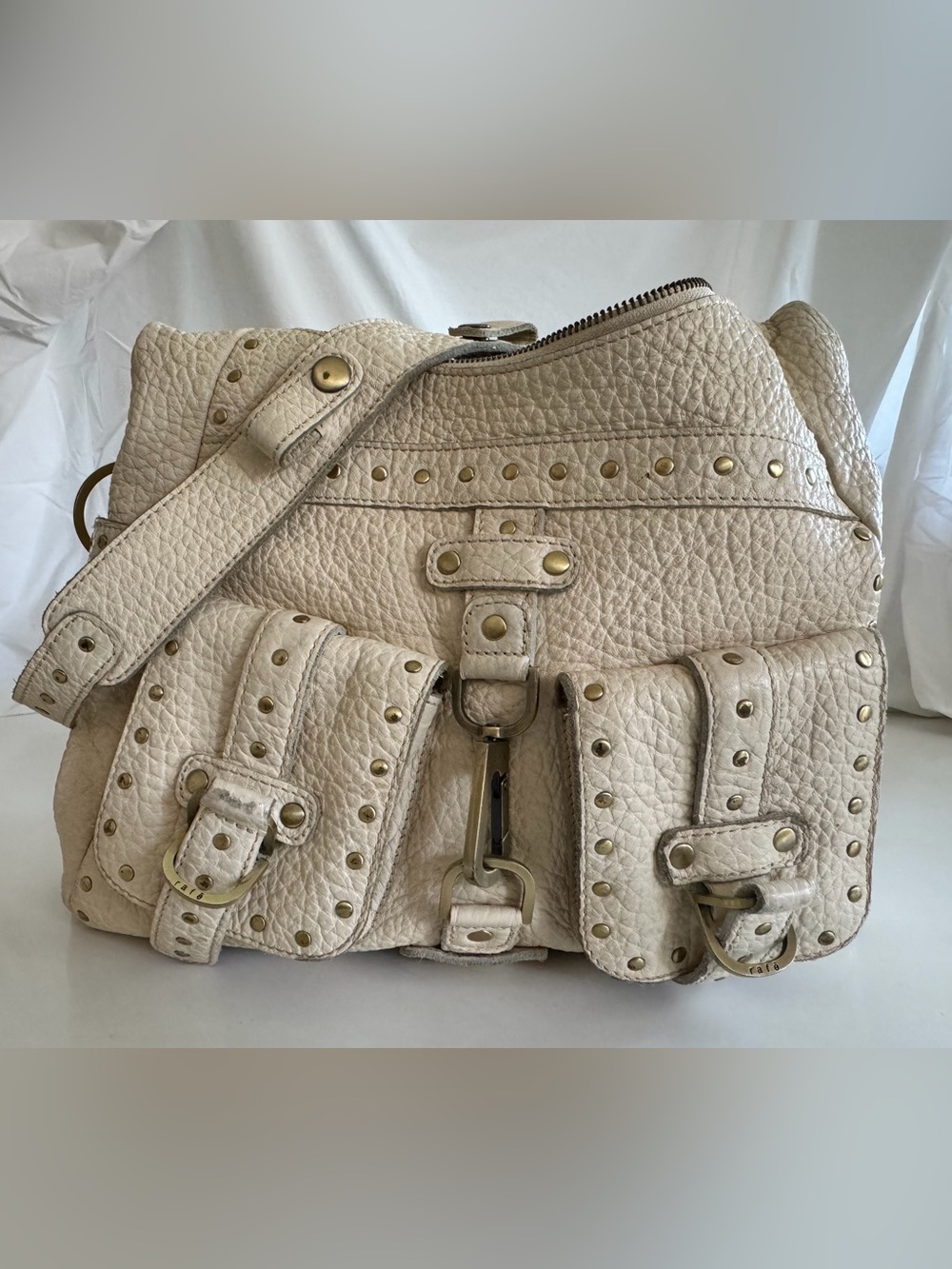 Rafe Cream Textured Leather Studded Shoulder Bag
